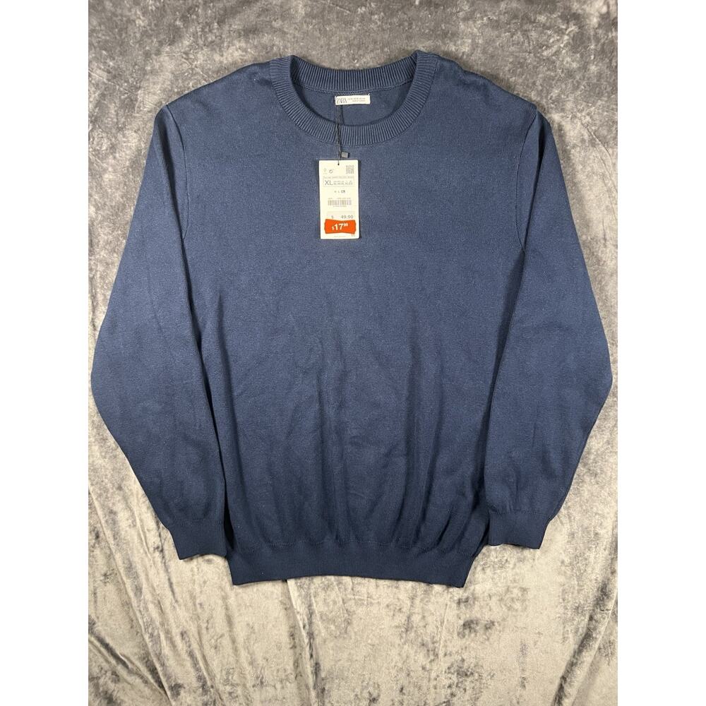 ZARA Men’s Navy Blue Knit Crewneck Sweater XL Cotton Pullover NWT